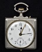 A Continental silver cased pocket alarm clock The white enamelled dial signed Eterna,