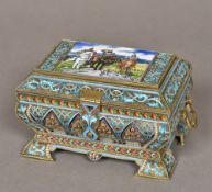 A silver gilt enamel decorated twin handled casket with 84 Zolotnik Kokoshnik mark for Moscow and