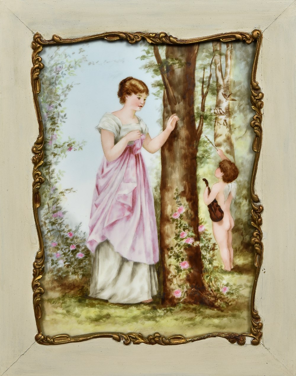 A Continental painted porcelain plaque Depicting a young girl and a cherub in a woodland vista,