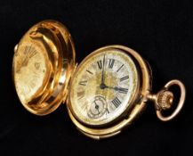 An 18 ct gold cased repeating full hunter pocket watch The engraved silvered dial with Roman and