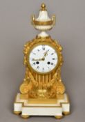 A white marble mounted ormolu cased mantel clock The white enamelled dial with Roman and Arabic