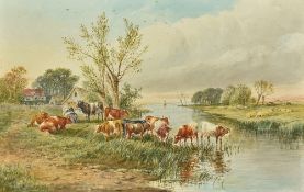 THOMAS SYDNEY COOPER (1803-1902) British Cattle Watering Watercolour Signed and dated 1879 50 x 32.