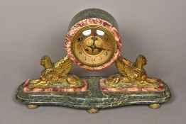 An Art Deco gilt metal and marble mantel clock The 5" dial with Arabic numerals and previously bell