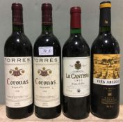 Torres Coronas Tempranillo, 1998 Two bottles; together with La Cantera Carinena, 1993,