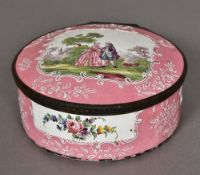 An 18th/19th century large enamel decorated circular box and cover Worked with an amorous couple