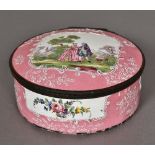 An 18th/19th century large enamel decorated circular box and cover Worked with an amorous couple