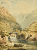 JOHN VARLEY (1778-1842) British Figure Fishing a Mountain Stream Watercolour Signed 14 x 19 cm,