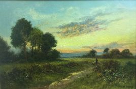 WILLIAM LANGLEY (1852-1922) British Sheep Drover on a Rural Path at Sunset Oil on canvas Signed 60