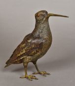 A 19th century Austrian cold painted bronze model of a woodcock Of large proportions,