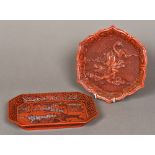 Two Chinese red cinnabar lacquer trays One worked with the figure of Guanyin riding a dragon,