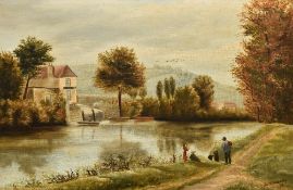 ENGLISH SCHOOL (19th century) Figures in a River Landscape Oil on canvas Indistinctly signed and