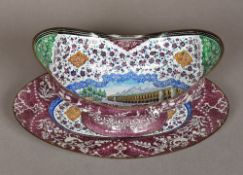 A Kashmiri enamel decorated bowl on stand The bowl of crimped lozenge shape,