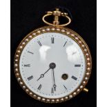 An unmarked 18 ct gold cased pocket watch The white enamelled dial with Roman numerals surrounded