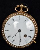 An unmarked 18 ct gold cased pocket watch The white enamelled dial with Roman numerals surrounded