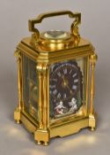 A fine quality French lacquered brass cased repeating carriage clock With twin columnar corners,