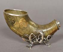 An 18th/19th century Continental unmarked white metal mounted carved horn cornucopia Of typical