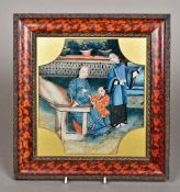 A 19th century Chinese reverse painted glass picture Depicting figures in a walled garden,