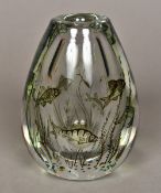 A 20th century Orrefors glass vase Decorated with fish amongst water plants,