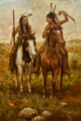TROY DENTON (born 1949) American Native Americans on Horseback Oil on canvas Signed 59 x 89 cm,