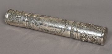 An Indian unmarked white metal scroll ca