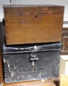 A Victorian oak silver box and a tin trunk