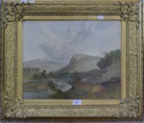 A 19th century oil on canvas, figures in a mountainous country landscape,