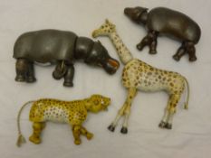 Four early 20th century articulated wooden zoo animals