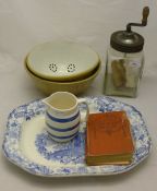 A quantity of kitchenalia, including a butter churn, mixing bowls, a Mrs Beeton Cookery Book, etc.