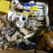 A box of miscellaneous items, china, metalware, etc.