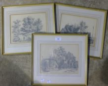 Three framed pencil sketches