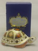 A Royal Crown Derby turtle paperweight with gold stopper and paperwork