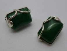 A pair of silver and jade clip on earrings