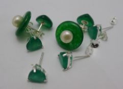 Four pairs of silver and jade earrings