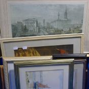 A large hand coloured aquatint of a London scene, together with a large quantity of watercolours,