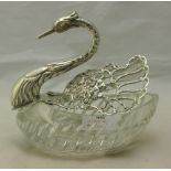 A silver mounted cut glass swan posy