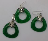 A pair of silver and jade earrings and pendant