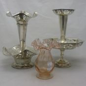 Two silver plated epergne and a glass vase