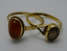 Two hardstone set 9 ct gold rings (4.