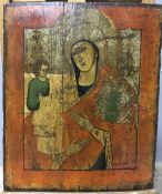 A 19th century painted icon Worked with the Virgin Mary and the baby Jesus,