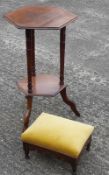 An Edwardian walnut side table and a small upholstered stool