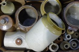 A collection of Victorian stoneware crocks, bottles, ink pots, flagons, etc.