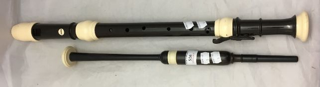 A rosewood ivory mounted bag pipe chanter and a large recorder