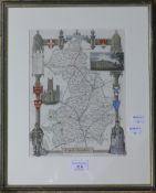 An engraved and coloured map of Cambridgeshire with vignettes of Wimpole and Ely Cathedral,