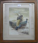 A watercolour of a pensive fisher woman