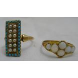 An unmarked gold seed pearl and turquoise ring, size L/M (3.