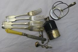 A silver mounted hip flask, silver flatware, etc.