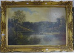 ENGLISH SCHOOL (19th century), Figure Punting in a River Landscape, oil on canvas, unsigned,