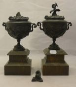 A pair of Grand Tour style lidded bronze vases on oak plinths