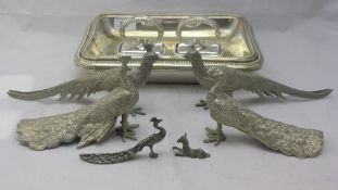 A pair of Asprey & Co silver plated entre dish, four silver plated pheasants, etc.