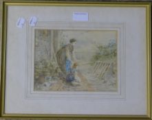 COLE, Mother and Daughter Collecting Eggs, watercolour, signed,
